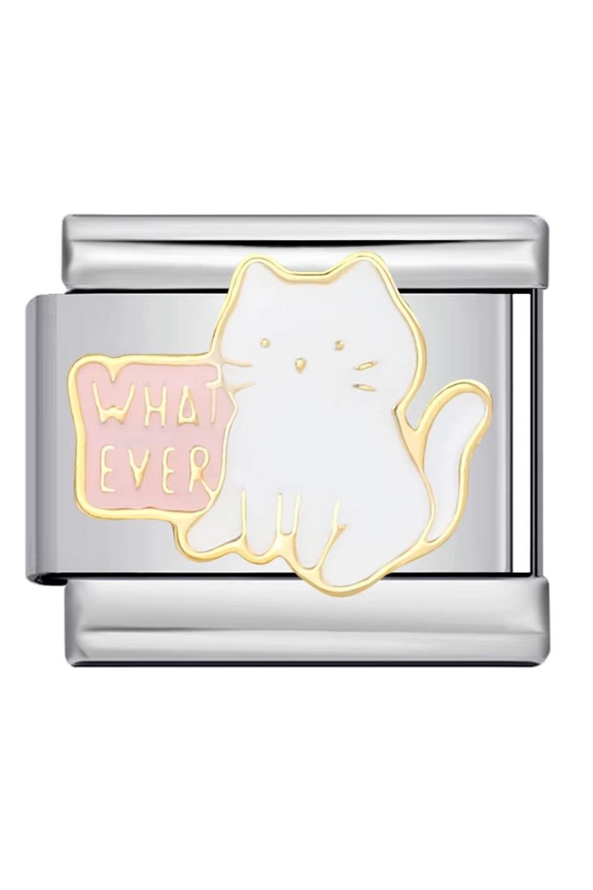Kedili “Whatever” Yazılı Paslanmaz Çelik Gümüş Görünümlü Charm