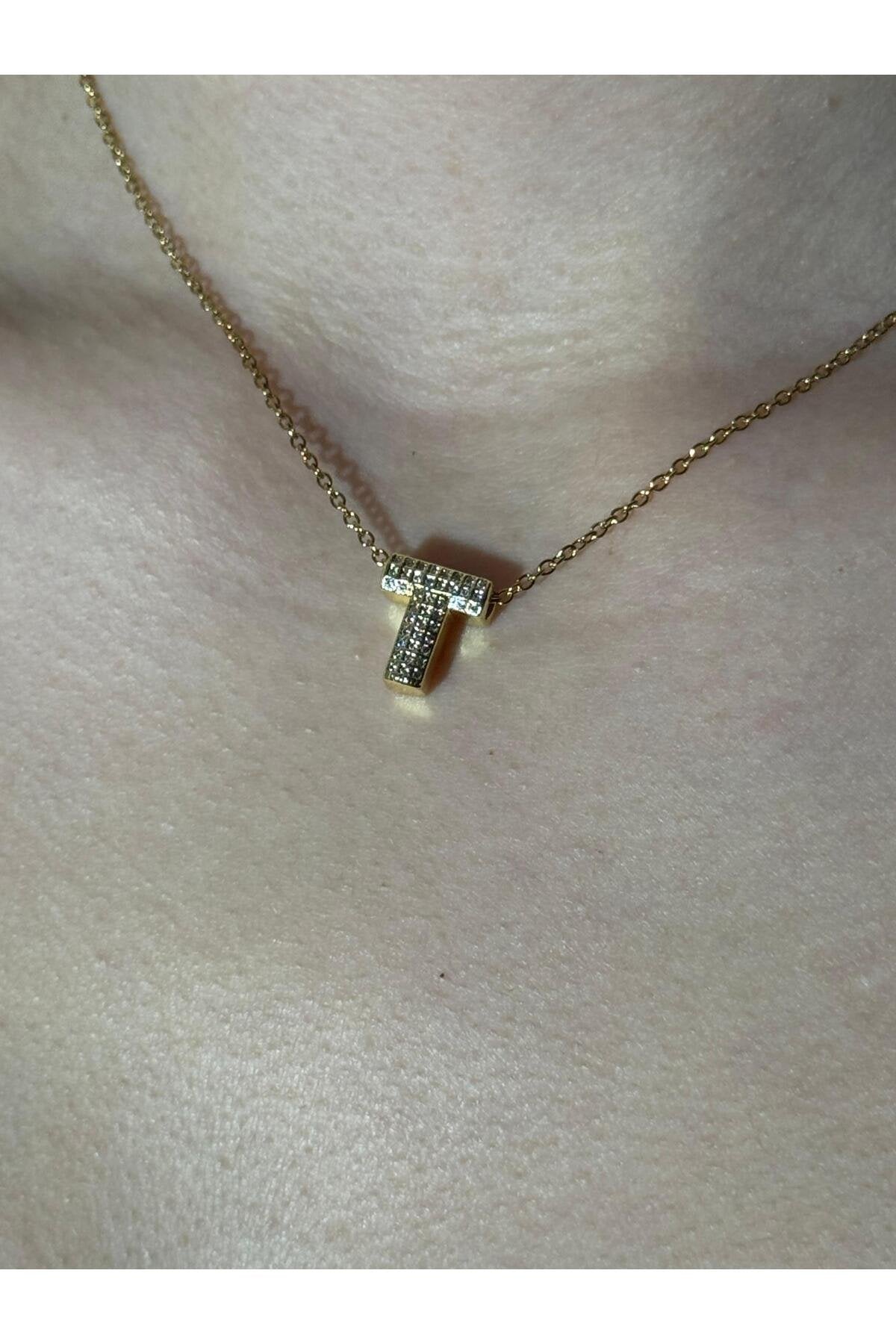 Gold Kaplama Zirkon Taşlı Harfli Kolye
