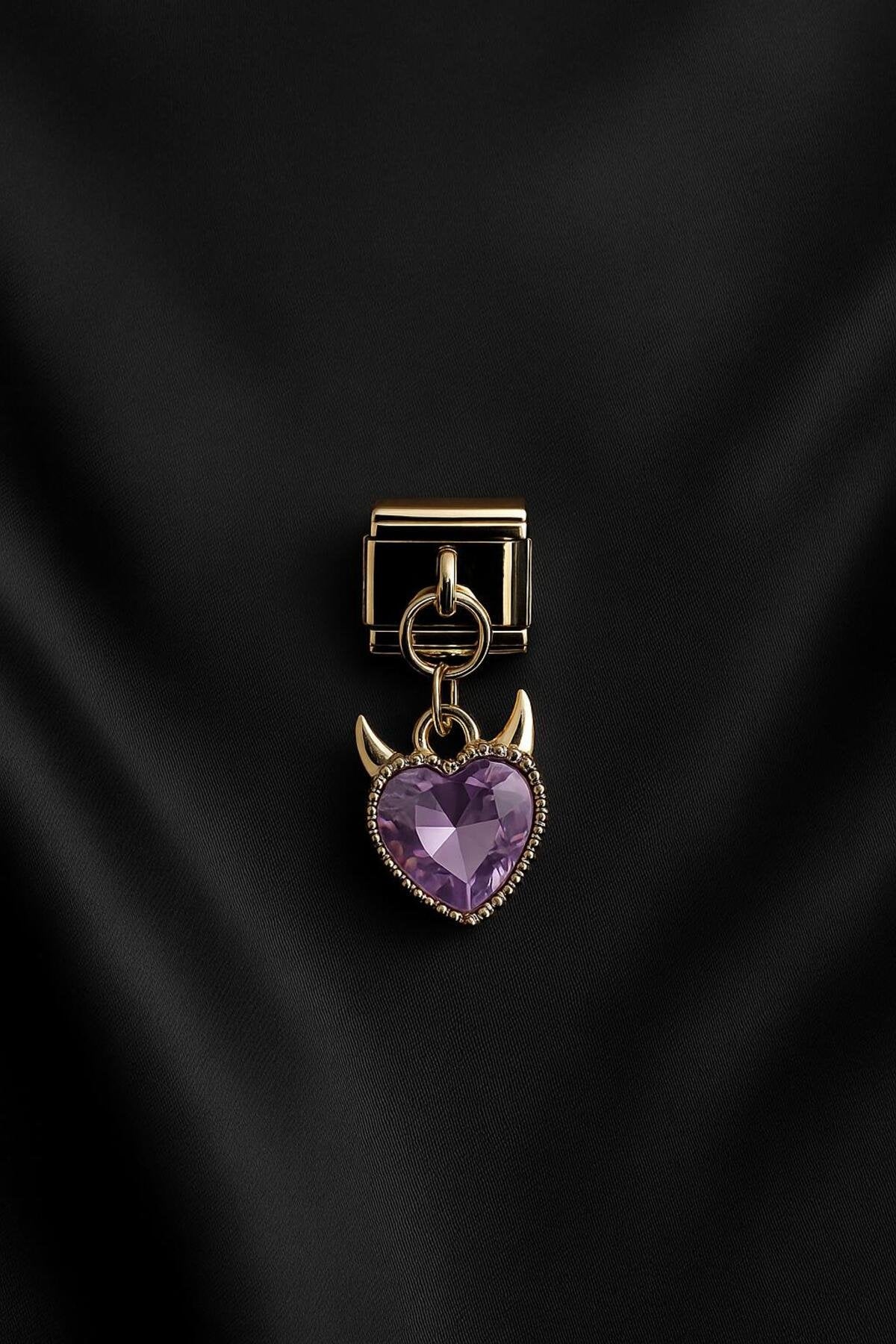 Şeytanın Kalbi Mor Zirkon Taşlı Sallantılı Paslanmaz Çelik İtalyan Charm
