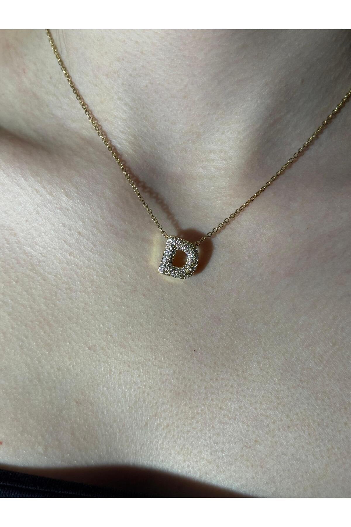 Gold Kaplama Zirkon Taşlı Harfli Kolye