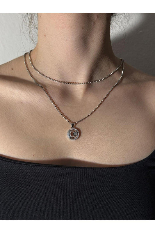 Çemberli Ay Yıldız Zirkon Taş Detaylı Gümüş Kaplama Çelik Kolye