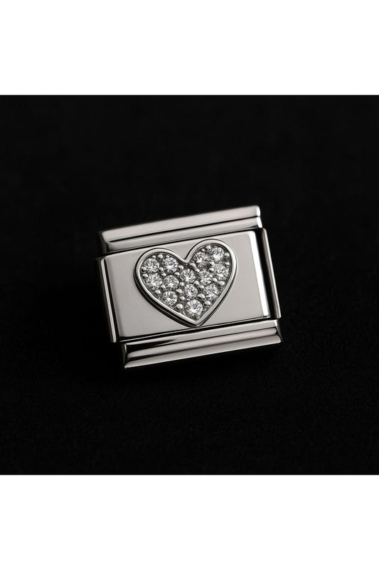 Zirkon Taş Detaylı Kalpli Paslanmaz Çelik İtalyan Charm Parçası