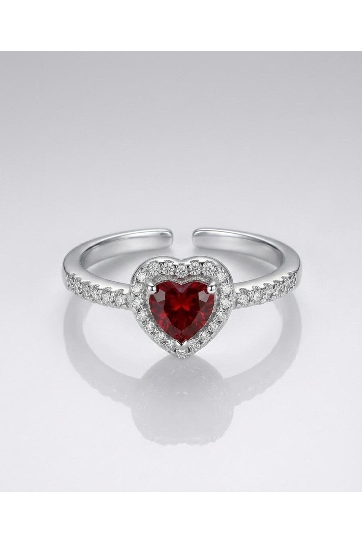 Kırmızı Zirkon Taşlı Kalpli Yüzük Ayarlanabilir - Gümüş Kaplama