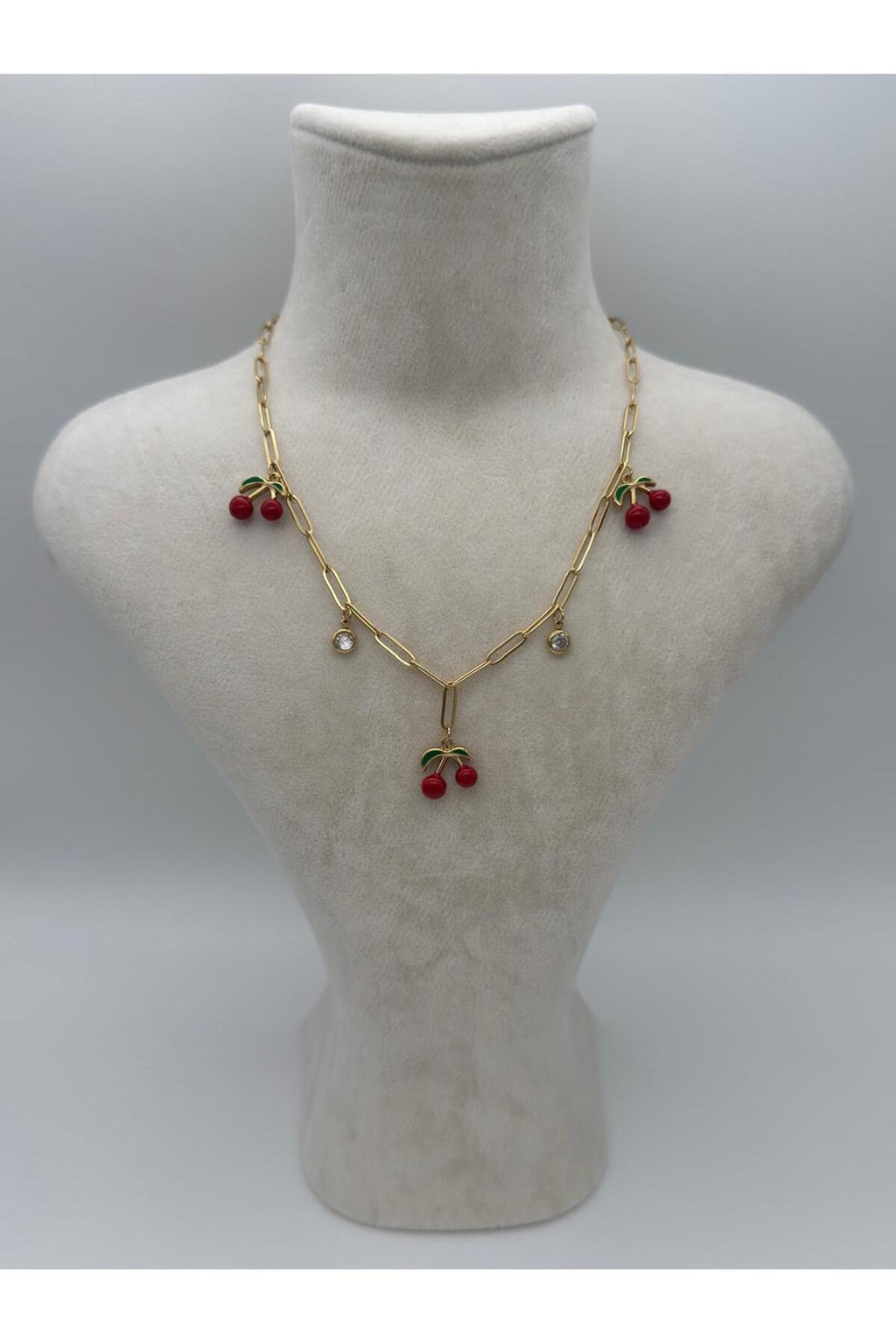 Cherry Gold Kiraz ve Zirkon Taş Detaylı Gold Kaplama Çelik Kadın Kolye