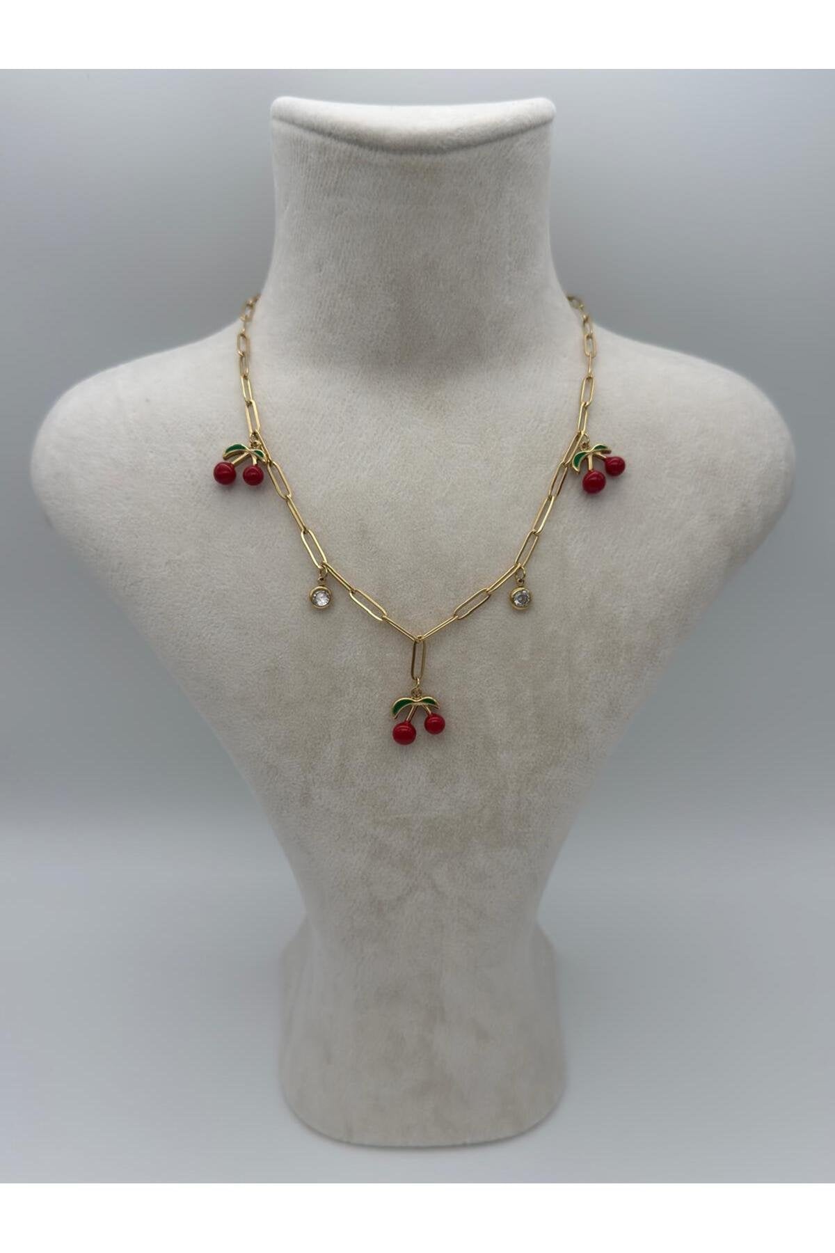 Cherry Gold Kiraz ve Zirkon Taş Detaylı Gold Kaplama Çelik Kadın Kolye