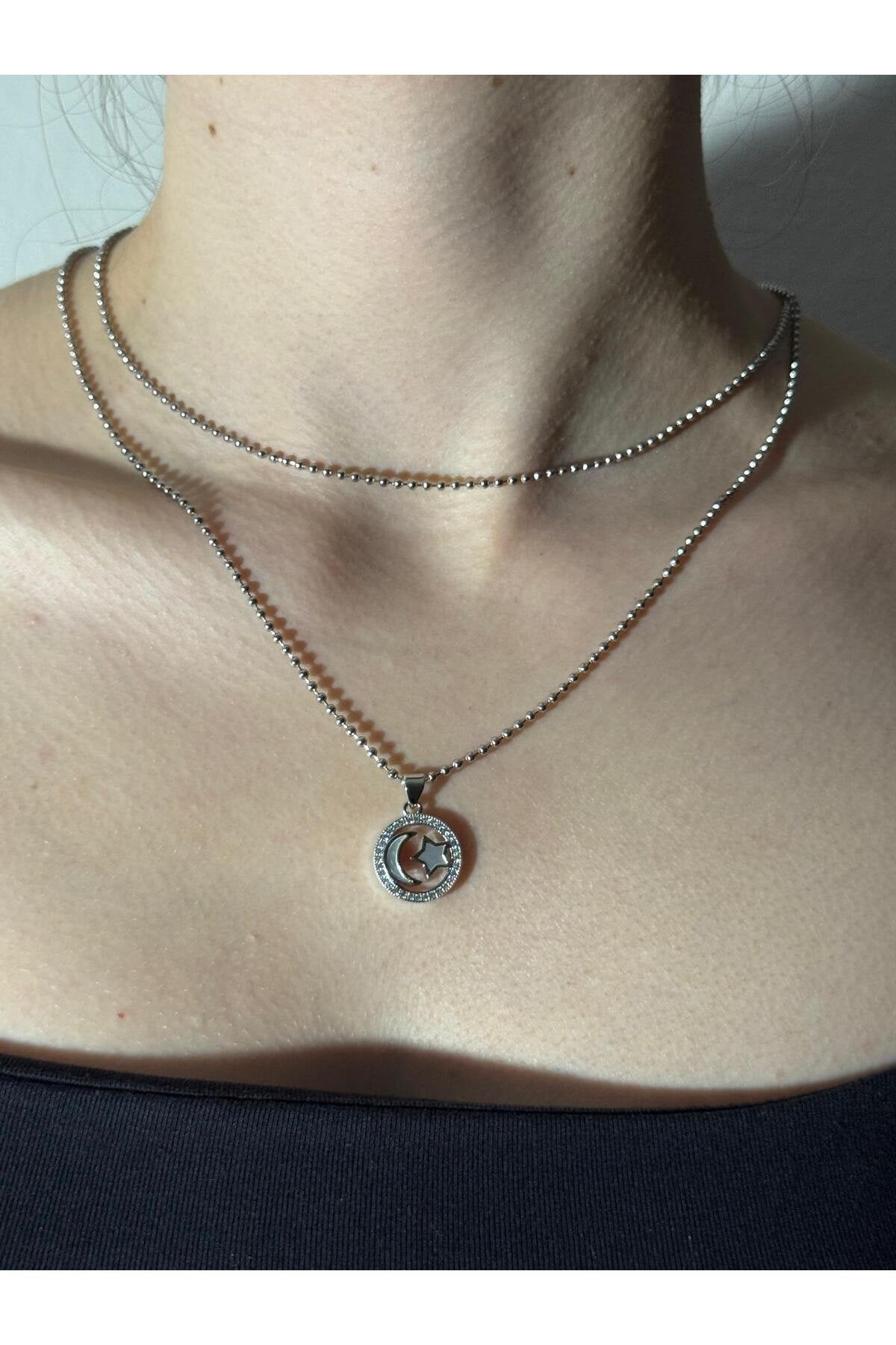 Çemberli Ay Yıldız Zirkon Taş Detaylı Gümüş Kaplama Çelik Kolye