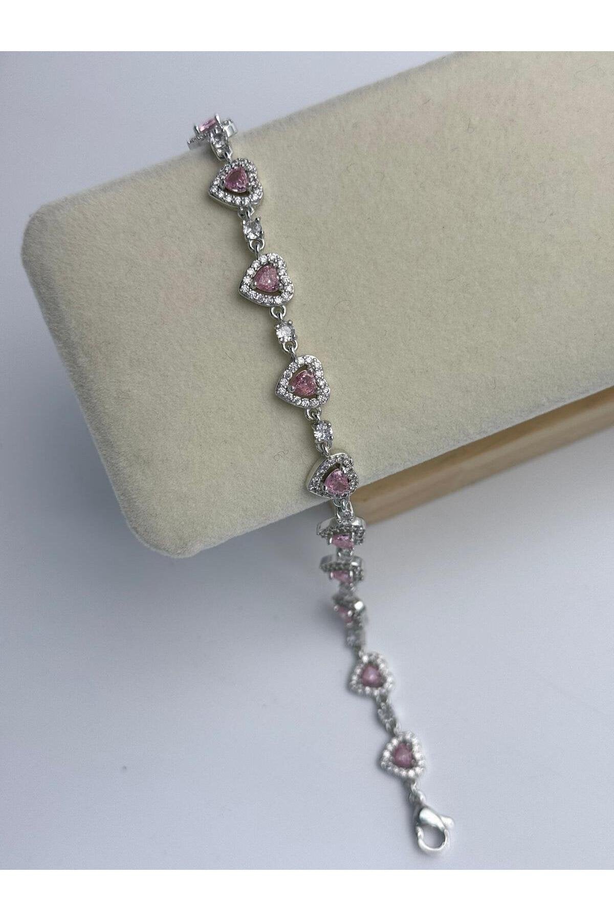 Pembe Kalpli Yuvarlak Taş Detaylı Gümüş Kaplama Bileklik
