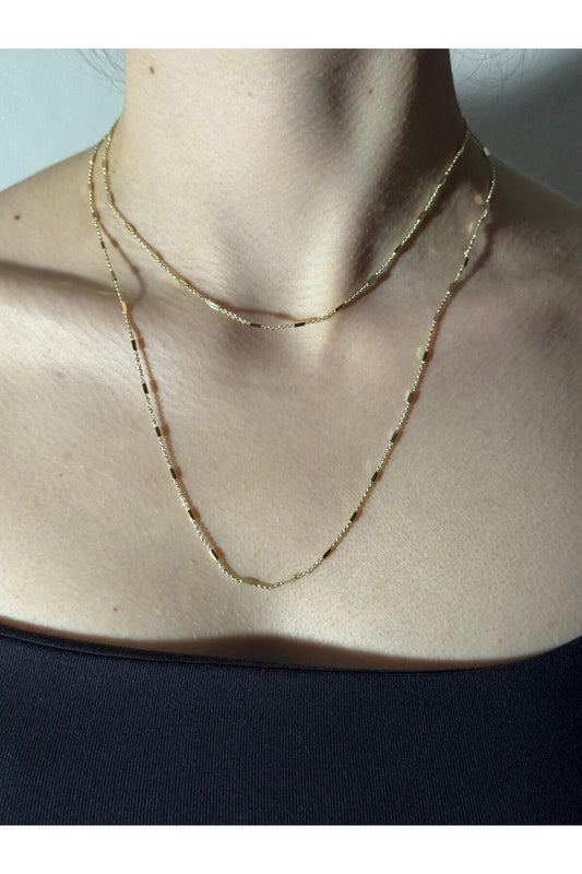 2 Katlı Işıltı Katmanlı Gold Kaplama Çelik Zincir Kolye