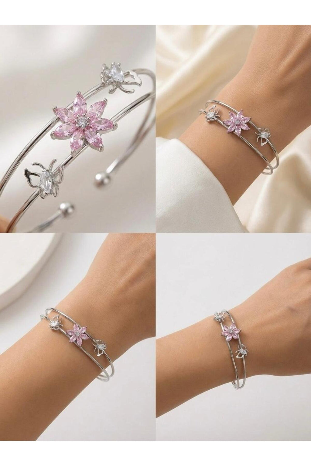 Pembe Lotus Çiçeği Kelebek Detaylı Paslanmaz Çelik Ayarlanabilir Gümüş Bileklik