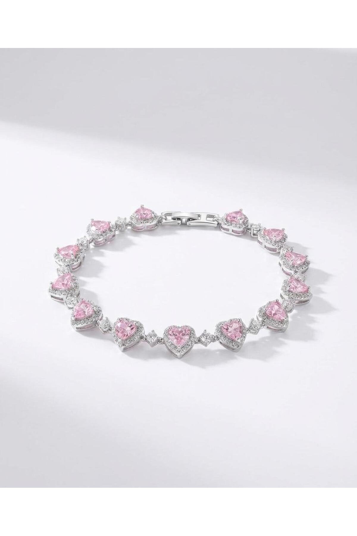 Pembe Kalpli Yuvarlak Taş Detaylı Gümüş Kaplama Bileklik
