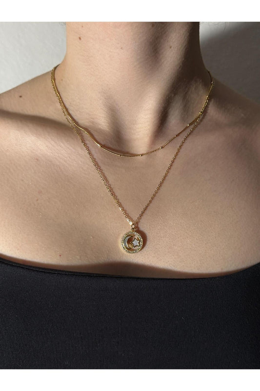 Çemberli Ay Yıldız Zirkon Taş Detaylı Gold Kaplama Çelik Kolye