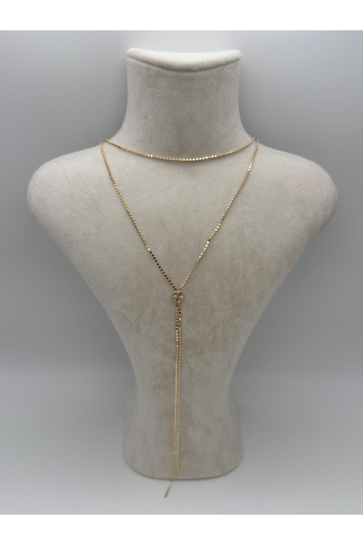 Kalp Detaylı Zincir Gold Kaplama Çelik Y Kolye