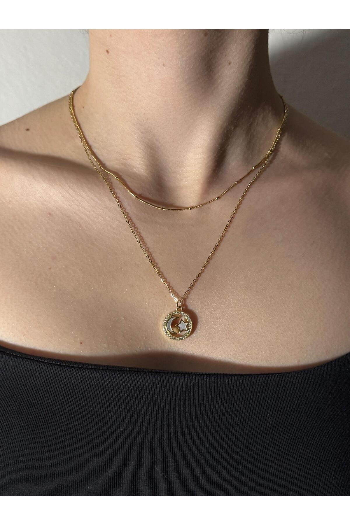 Çemberli Ay Yıldız Zirkon Taş Detaylı Gold Kaplama Çelik Kolye
