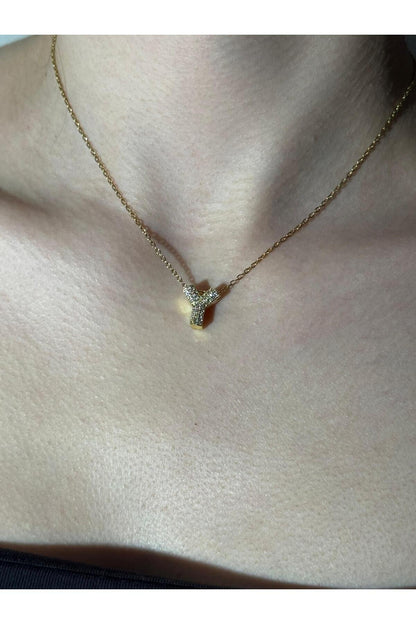 Gold Kaplama Zirkon Taşlı Harfli Kolye