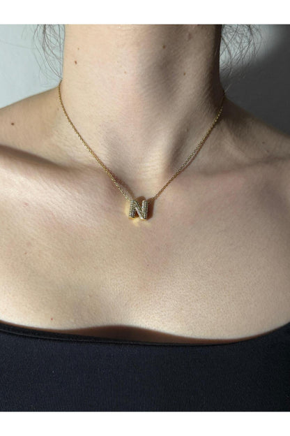 Gold Kaplama Zirkon Taşlı Harfli Kolye