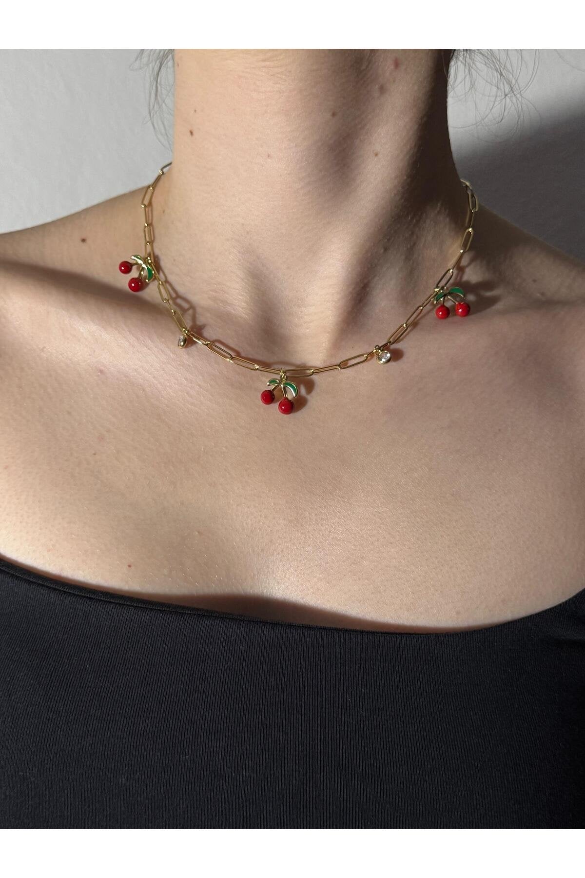 Cherry Gold Kiraz ve Zirkon Taş Detaylı Gold Kaplama Çelik Kadın Kolye