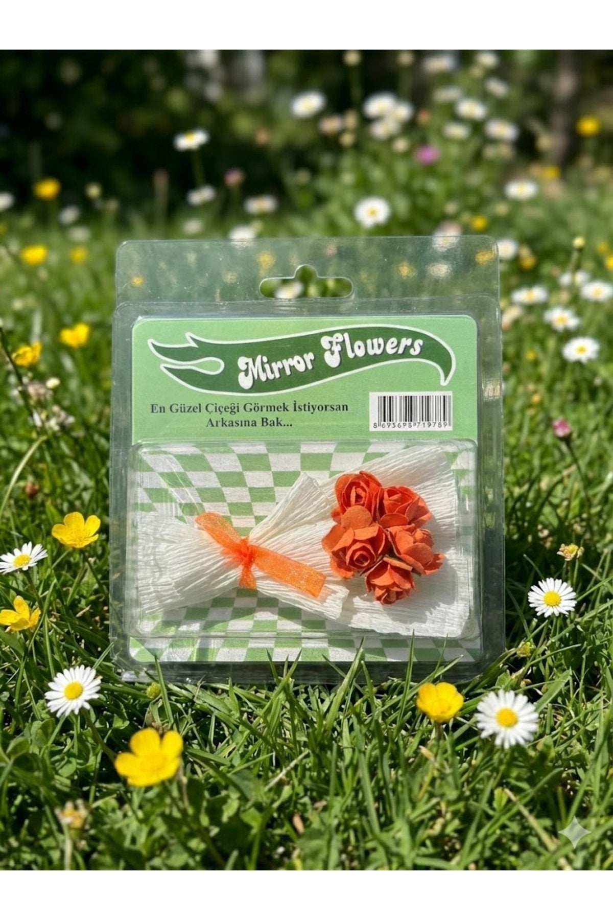 Yeşil Mini Buket Mirror Flowers Pembe Tasarım,Sevgiliye Hediye Aynalı Çiçek Buketi Tasarım Aynalı