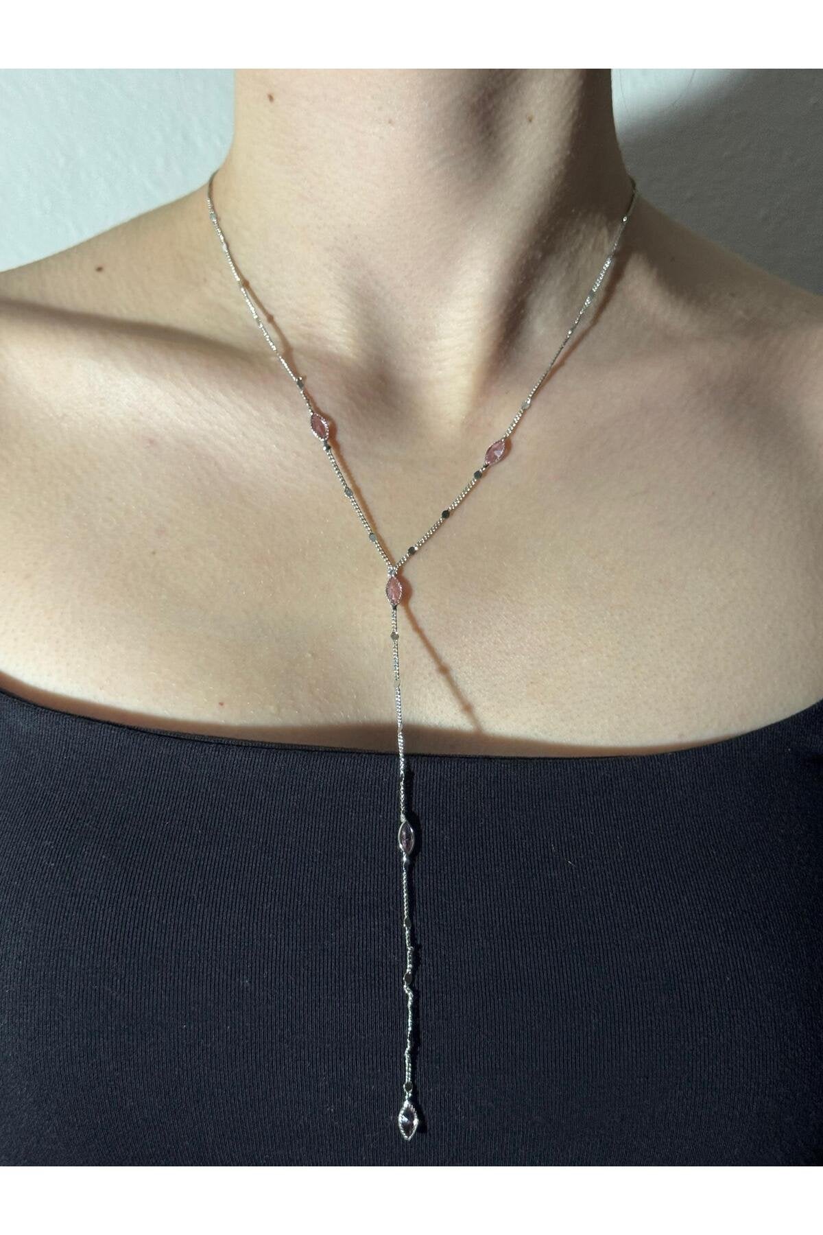 Pembe Zirkon Taş Detaylı Gümüş Kaplama Çelik Y Kolye