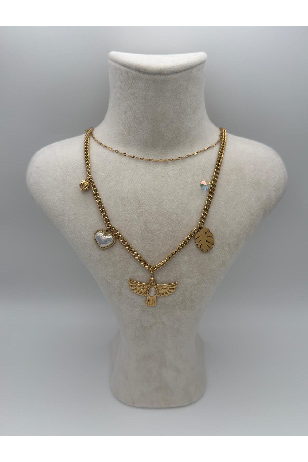 Ra'nın Kanatları Kalp Tüy Detaylı Zirkon Taşlı Çelik Kolye