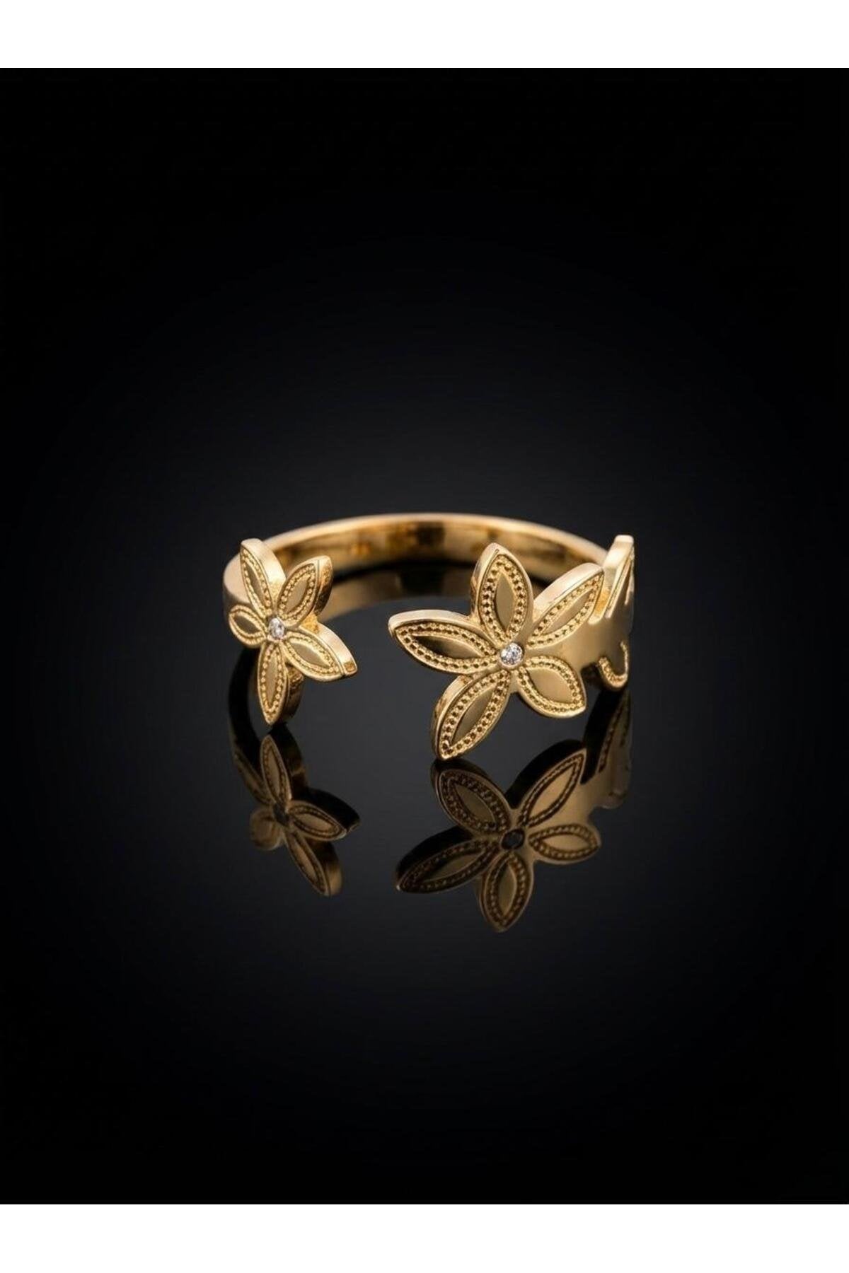 Taş Detaylı İşlemeli Çiçek Tasarımlı Gold Kaplama Yüzük