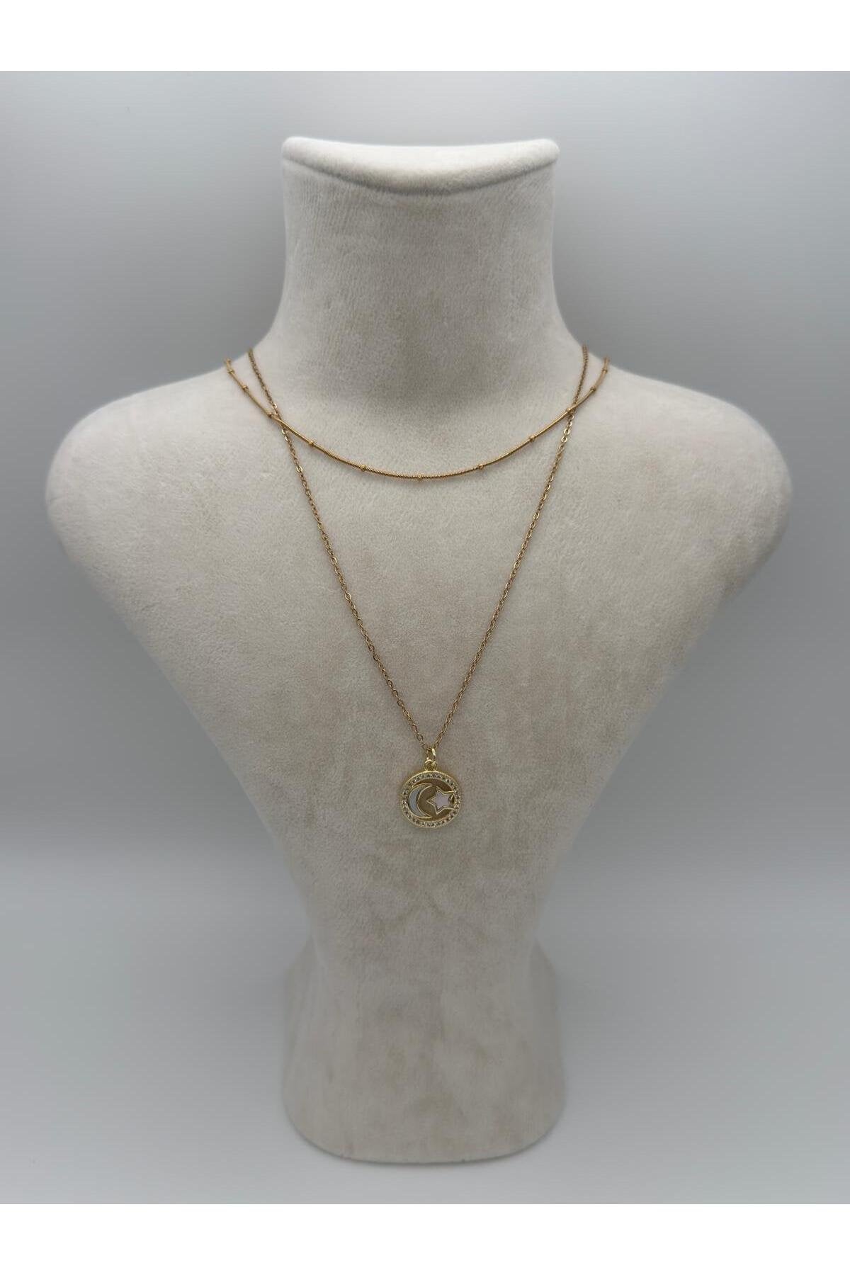 Çemberli Ay Yıldız Zirkon Taş Detaylı Gold Kaplama Çelik Kolye