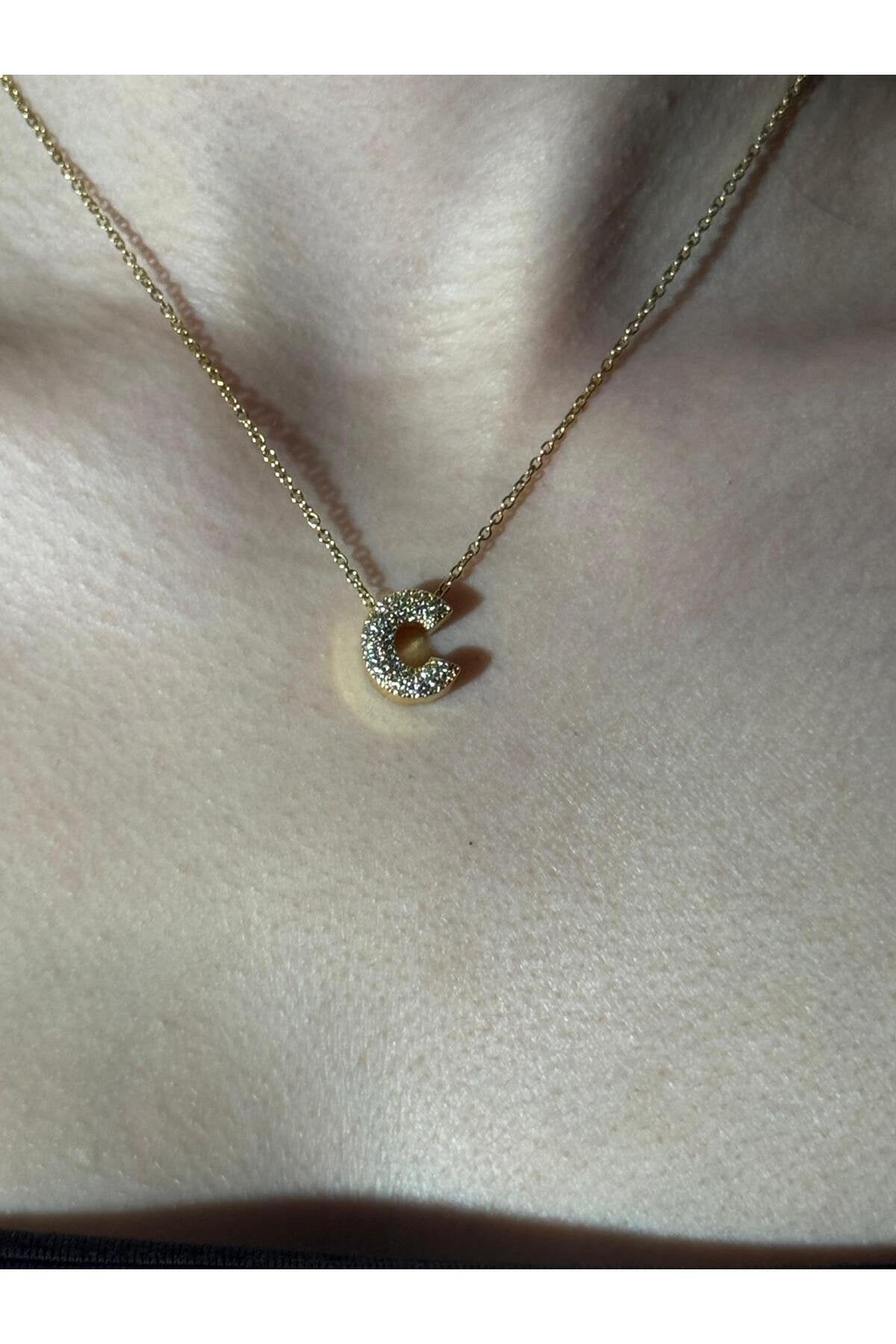 Gold Kaplama Zirkon Taşlı Harfli Kolye