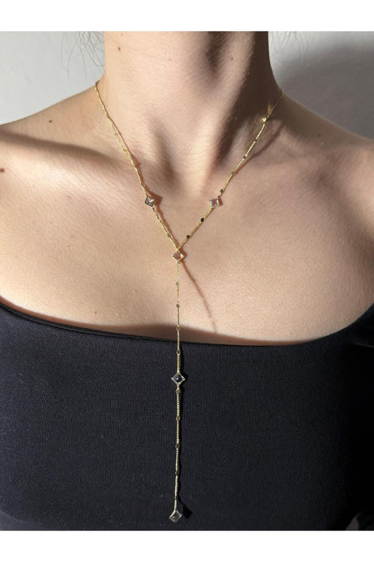 Dörtgen Zirkon Taş Detaylı Gold Kaplama Çelik Y Kolye