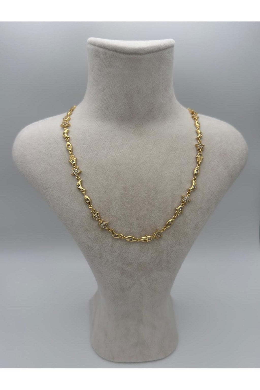 Şans Buluşması Yıldız Meryem Ana Eli ve Ay Detaylı Manifest Gümüş Kaplama Çelik Kolye