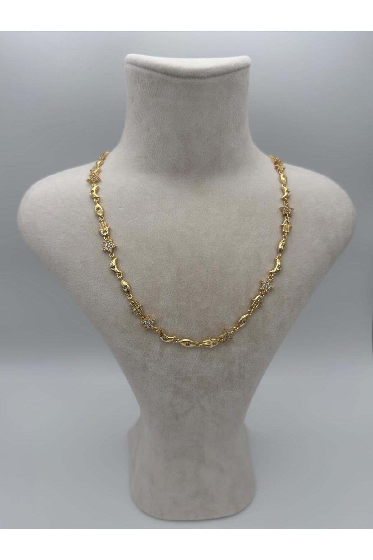 Şans Buluşması Yıldız Meryem Ana Eli ve Ay Detaylı Manifest Gümüş Kaplama Çelik Kolye