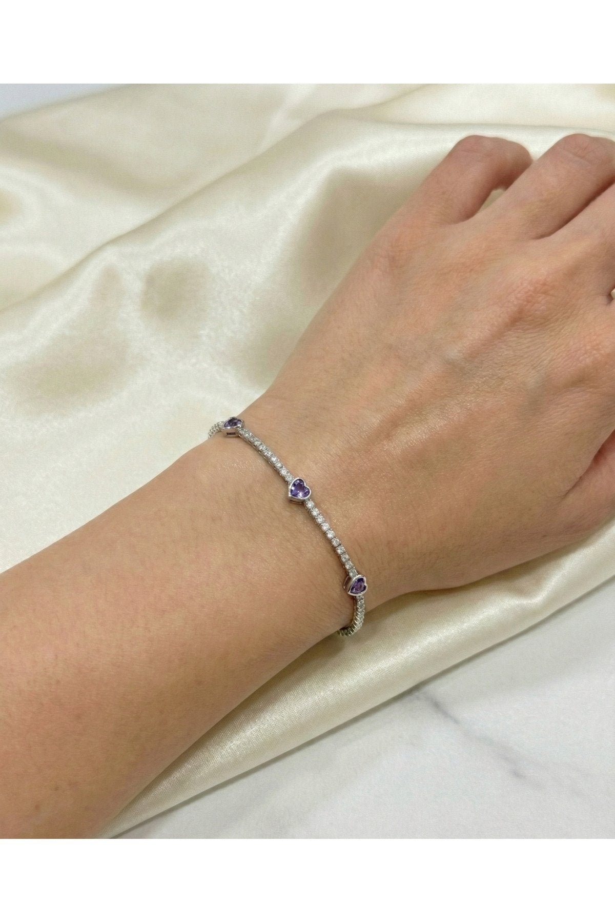 3'lü Mor Kalpli Gümüş Kaplama Pırlanta Su Yolu Bileklik
