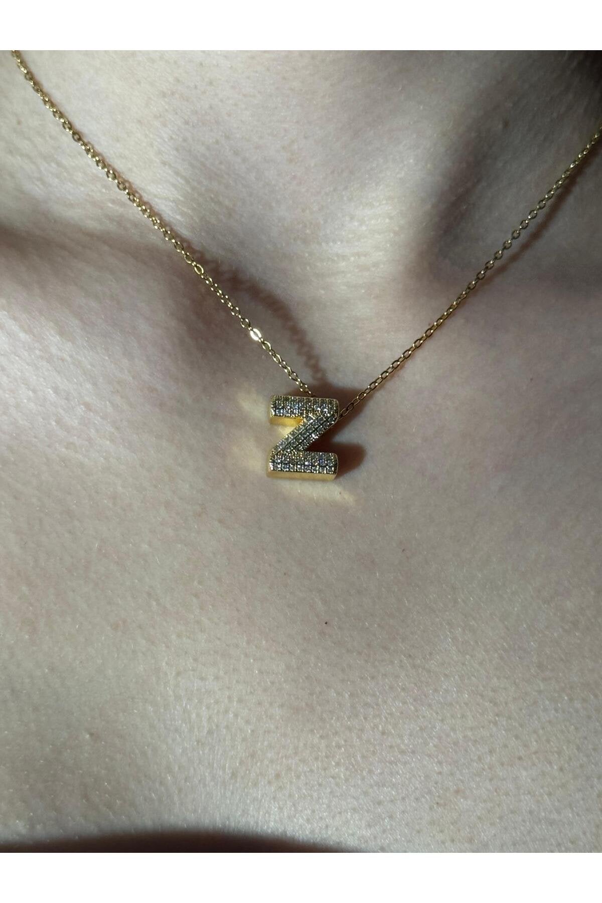 Gold Kaplama Zirkon Taşlı Harfli Kolye