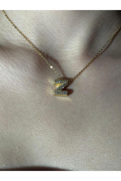 Gold Kaplama Zirkon Taşlı Harfli Kolye