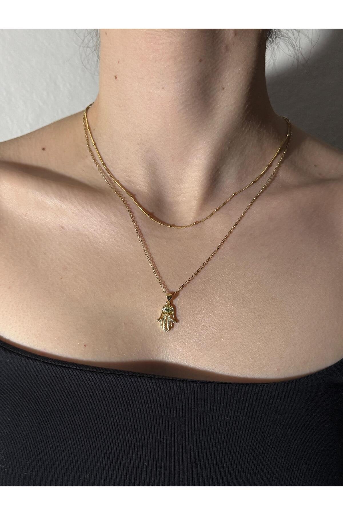 Meryem Ana Eli Yeşil Zirkon Taş Detaylı Gold Kaplama Çelik Kadın Kolye