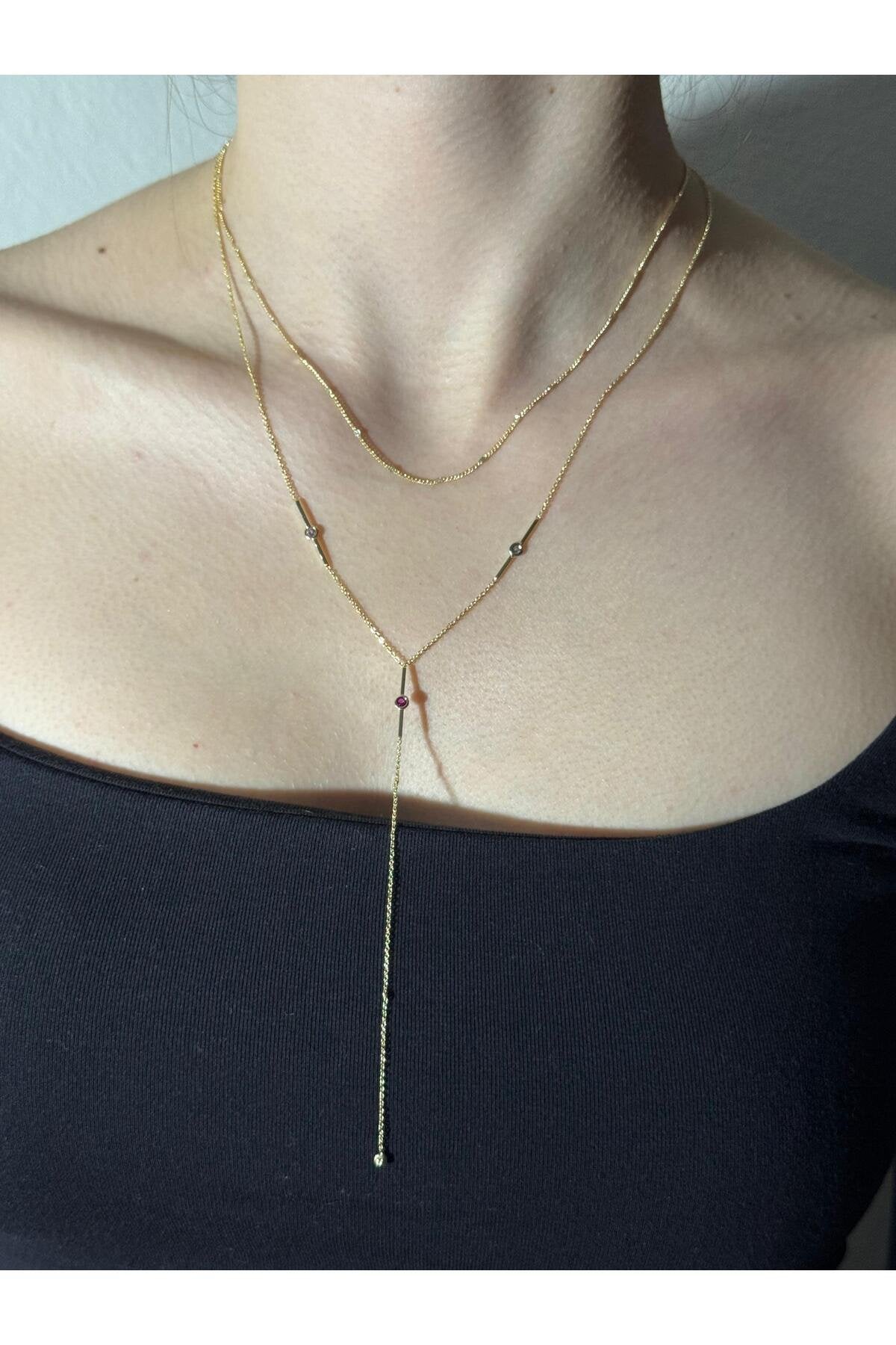 Bordo Zirkon Taşlı Gold Kaplama Çelik Y Kolye