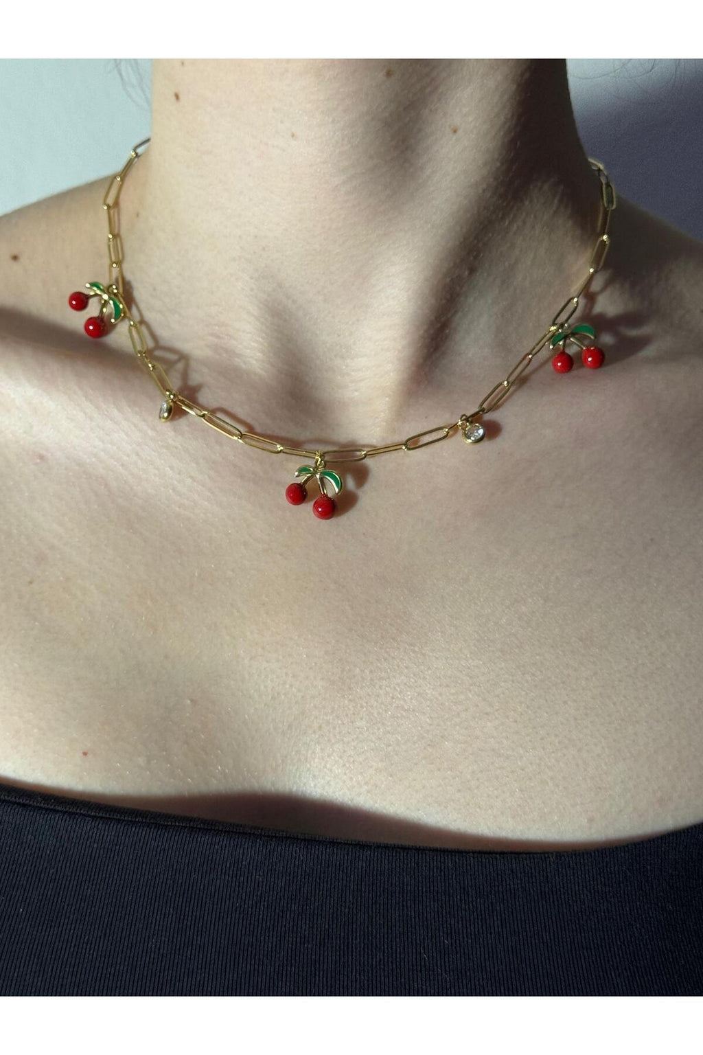 Cherry Gold Kiraz ve Zirkon Taş Detaylı Gold Kaplama Çelik Kadın Kolye