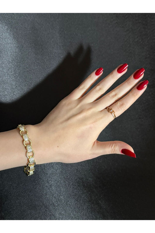 VIP Serisi Golden Link Diamond Glow – Paslanmaz Çelik Altın Kaplama Zirkon Taşlı Kadın Bileklik