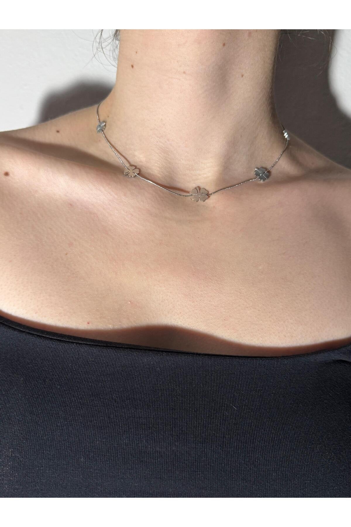 4 Yapraklı Gümüş Şans Yonca Çelik Kadın Kolye