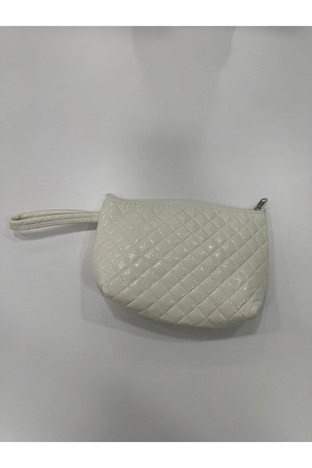 Beyaz Suni Deri Baklava Tasarımlı Makyaj Çantası