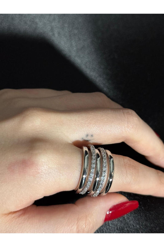 5'lü Birleşik (Ayrılabilir) İnce Zarif Zirkon Taş Detaylı Paslanmaz Çelik Gümüş Kaplama Yüzük