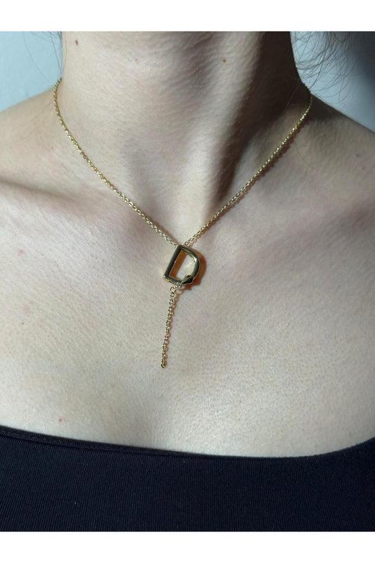 Zirkon Taş Detaylı Sallanan Zincirli Gold Kaplama Paslanmaz Çelik Harfli Kolye