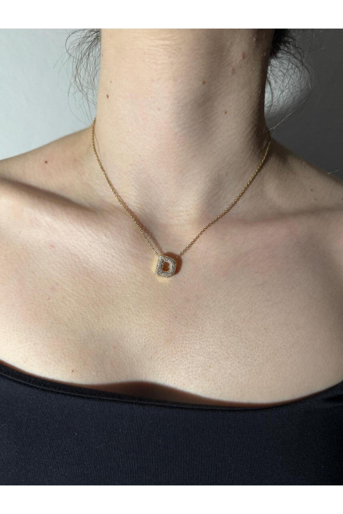 Gold Kaplama Zirkon Taşlı Harfli Kolye