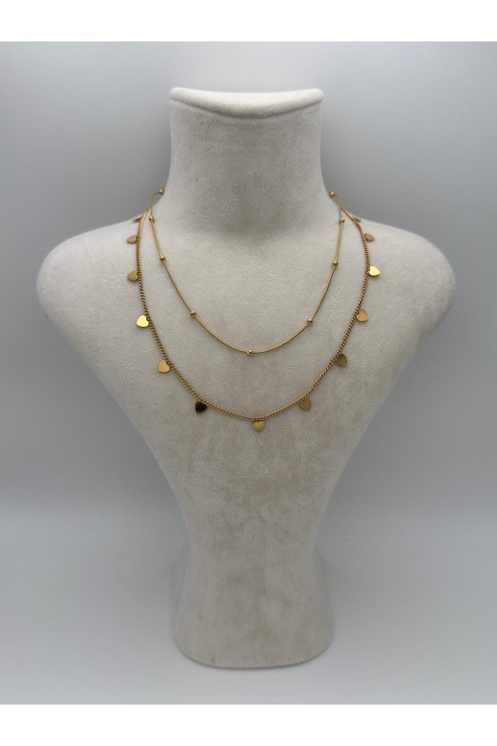 Kalp ve Minik Top Detaylı Gold Kaplama Çelik Kolye