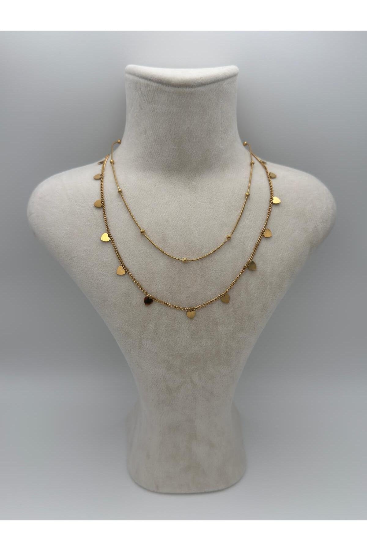 Kalp ve Minik Top Detaylı Gold Kaplama Çelik Kolye