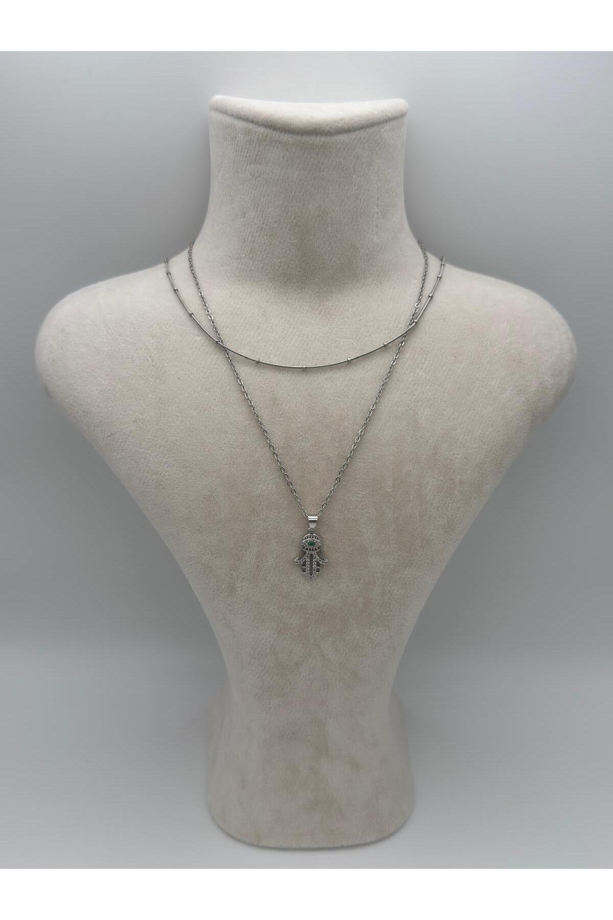 Meryem Ana Eli Yeşil Zirkon Taş Detaylı Gümüş Kaplama Çelik Kadın Kolye