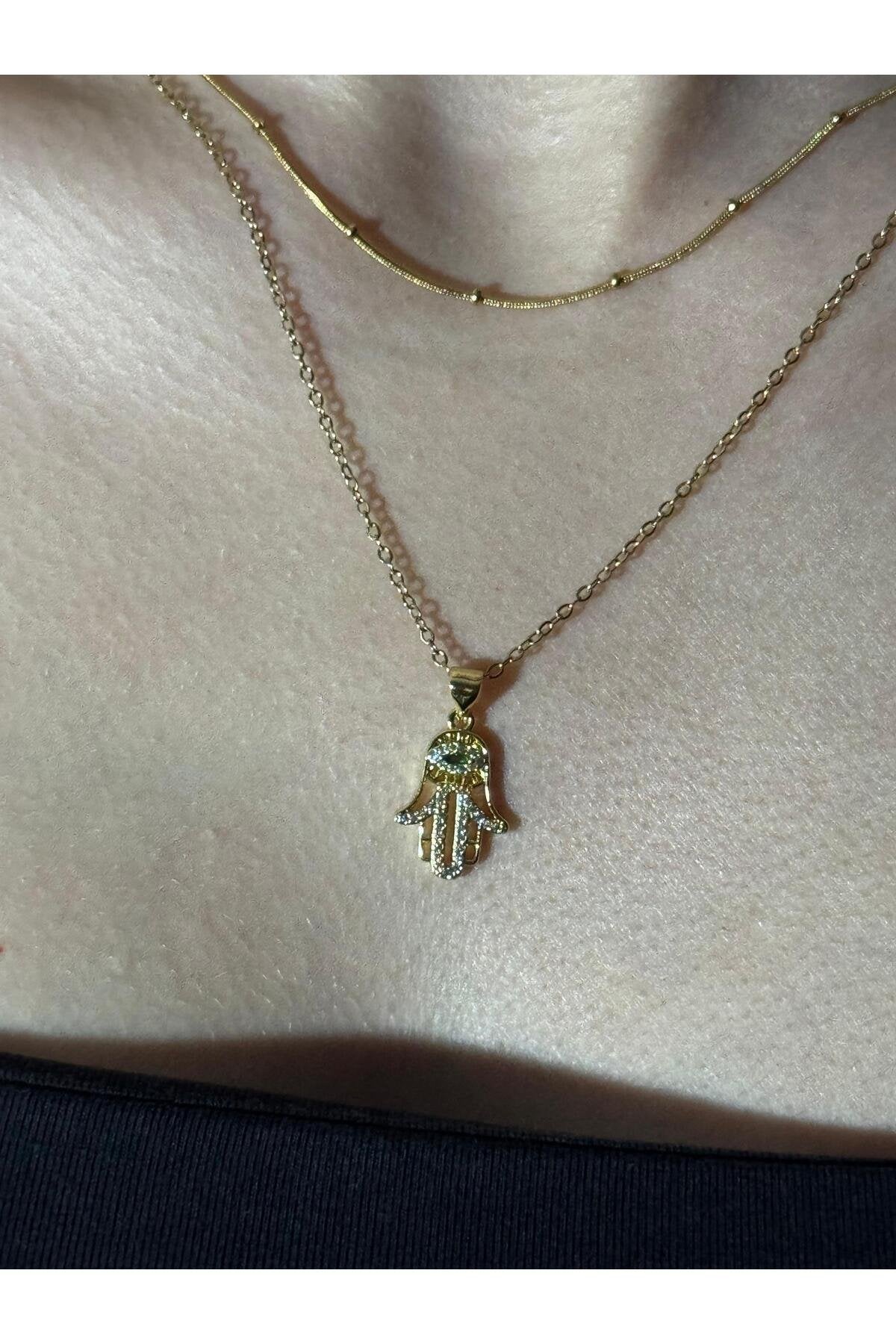 Meryem Ana Eli Yeşil Zirkon Taş Detaylı Gold Kaplama Çelik Kadın Kolye