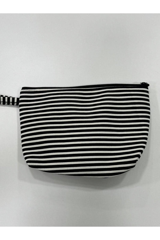 Siyah Beyaz Yatay Çizgili Makyaj Çantası