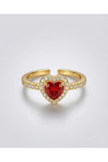 Kırmızı Zirkon Taşlı Kalpli Yüzük Ayarlanabilir - Gold Kaplama