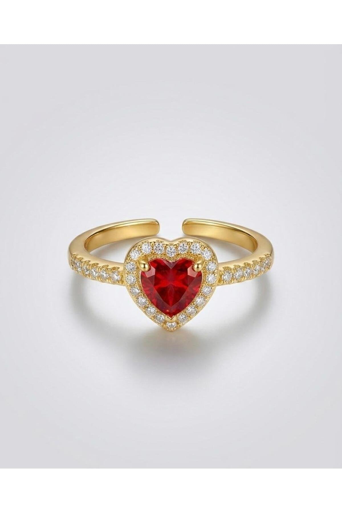 Kırmızı Zirkon Taşlı Kalpli Yüzük Ayarlanabilir - Gold Kaplama