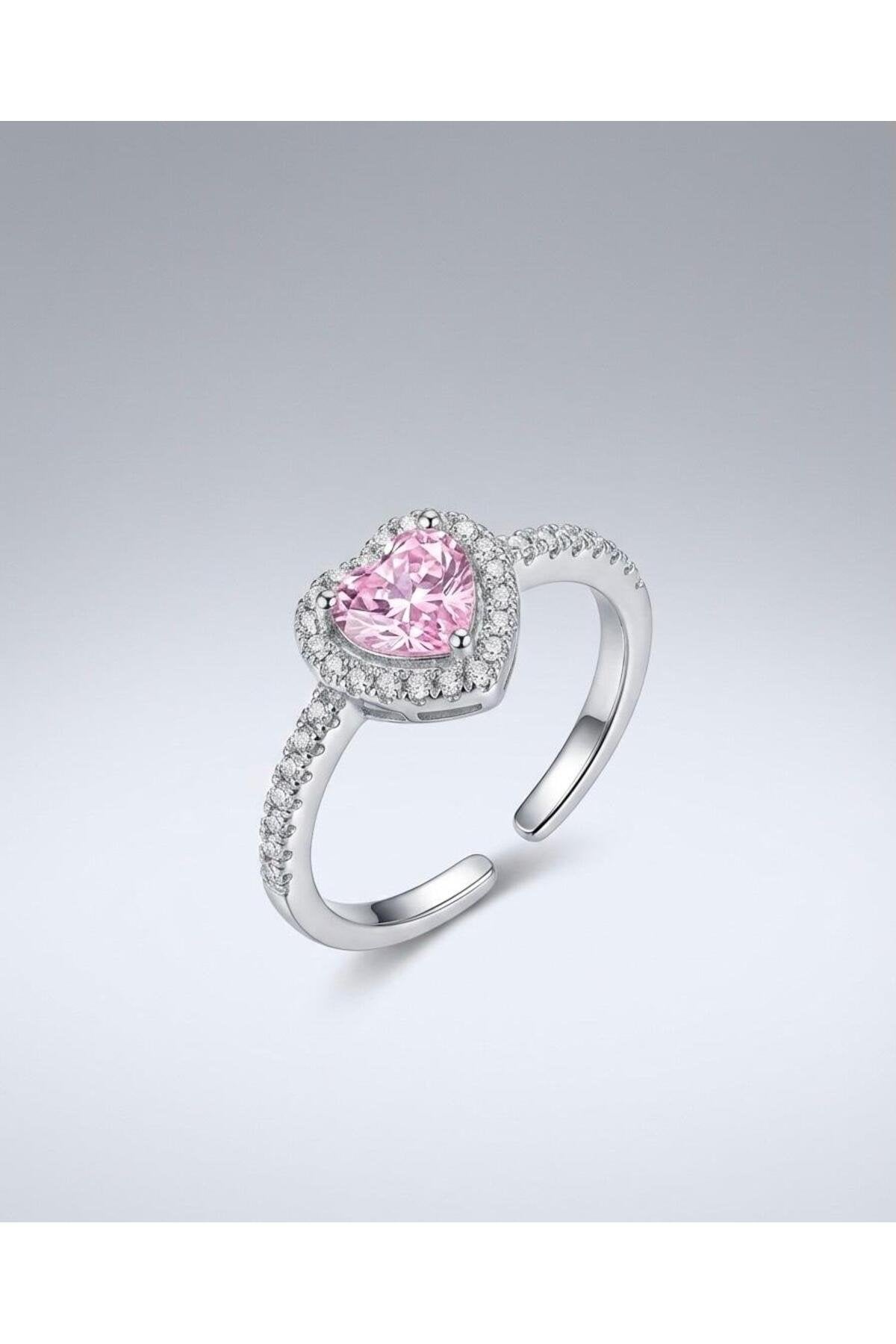 Pembe Zirkon Taşlı Kalpli Yüzük Ayarlanabilir - Gümüş Kaplama