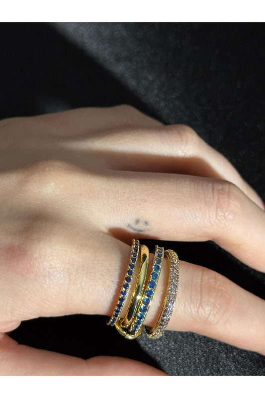 4'lü Birleşik (Ayrılabilir) İnce Mavi Zarif Zirkon Taş Detaylı Paslanmaz Çelik Gold Kaplama Yüzük